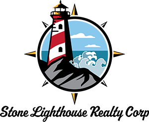 Iconic logo is made up of a compass shape, lighthouse with waves crashing on the rocks below. Text on the logo is 'Stone Lighthouse Realty Corp'